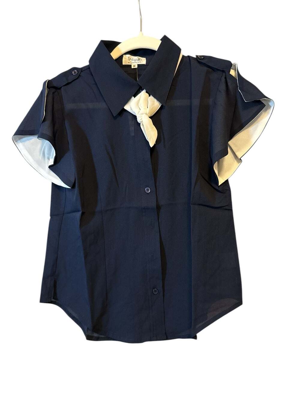 TulipaB Navy Blue Short Sleeve Button Down Blouse with White Contrast Trim & Tie